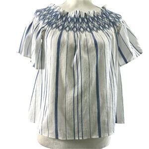 Womens Small Crop Top White Blue Stripe Boho Smock Neckline Blouse Short Sleeve